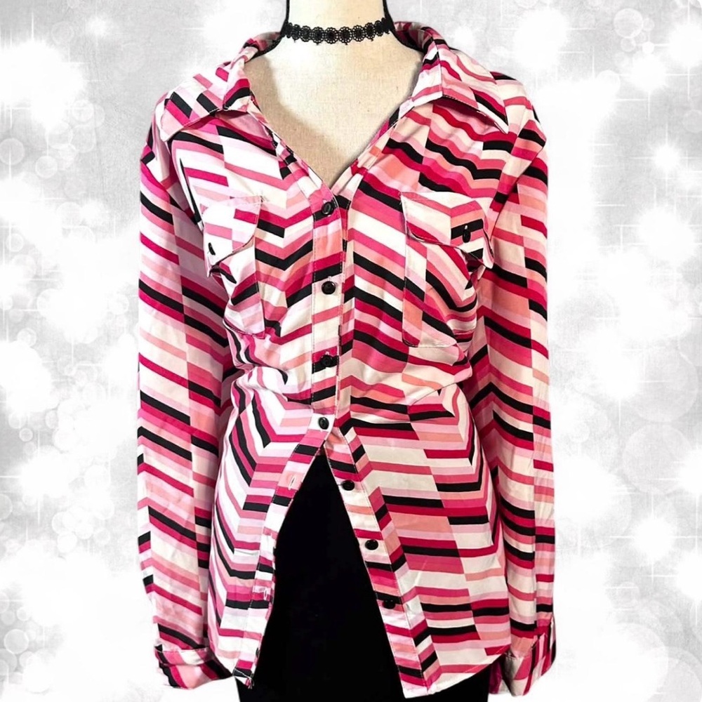 Boho Magenta Chevron Long Sleeve Button Up Top